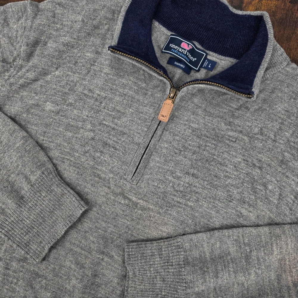 Vineyard Vines Performance Quarter Zip Sweater Mens Large Gray Merino Wool Blend